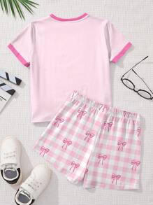 SHEIN 2pcs Tween Girl Pink Bowknot & Plaid Print Casual Short Sleeve Top & Shorts Set, Summer - Multicolor - View 3