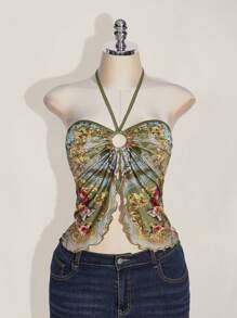 SHEIN ICON 大码女式花卉印花不对称下摆褶皱露背上衣，复古 Y2K 风格花卉印花露背衬衫 - 彩色 - 查看 4