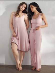 Ocili 休闲女士舒适简约无袖裤和贝壳纽扣上衣睡衣套装，淡粉色家居服假日季节服装 - 粉色 - 查看 2