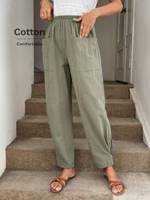 SHEIN LUNE Old Money Style Women Women's Casual Green Cotton Pants With Pockets, Comfortable Spring/Summer