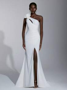 Elitara White Spring Elegant Formal Party Dress,Stretchy Knitted Asymmetric Shoulder Detachable 3D Floral Ruched Fishtail High Slit Extra Long Bridal Train - White - View 2