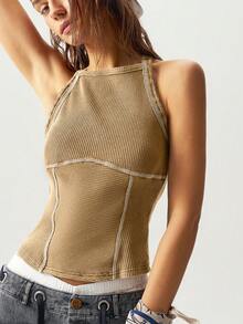 Bohemela Casual Solid Color Knit Slim Fit Women Tank Top - Khaki - View 6