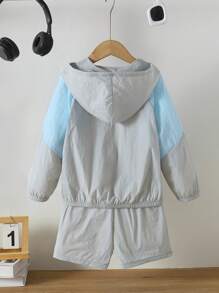 Set de 2 piezas de chaqueta y pantalones cortos con bloques de color para niños pequeños, apropiado para deportes, al aire libre, escuela, primavera/verano/otoño