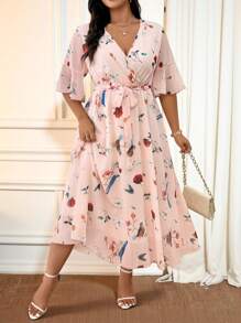 Cravure Đầm in họa tiết cổ tròn tay loe quấn chéo cỡ lớn mùa hè - Màu Hồng baby - Xem 1