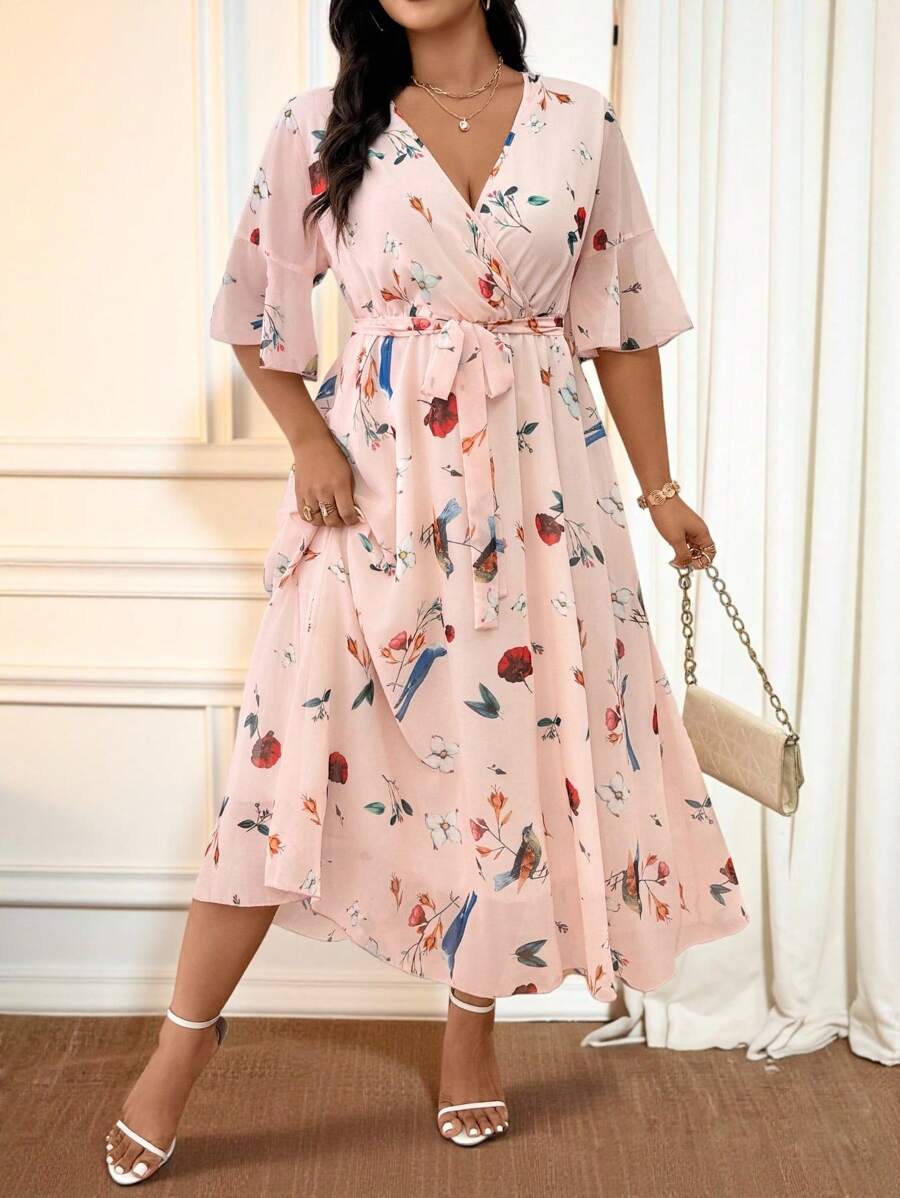 Cravure Đầm in họa tiết cổ tròn tay loe quấn chéo cỡ lớn mùa hè - Màu Hồng baby - Xem 1