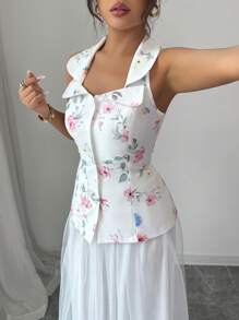 Elenzga Spring/Summer New Women's Elegant Print, Floral Pattern, Print, Sleeveless Lapels, Waist Cinched Elegant Design Top And White Mesh Paneled Maxi Skirt 2-Piece Women's Suit