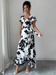 Elenzga Vestido largo con cuello en V, mangas con volantes y cintura anudada, estampado para mujer - Blanco y Negro - Ver 5