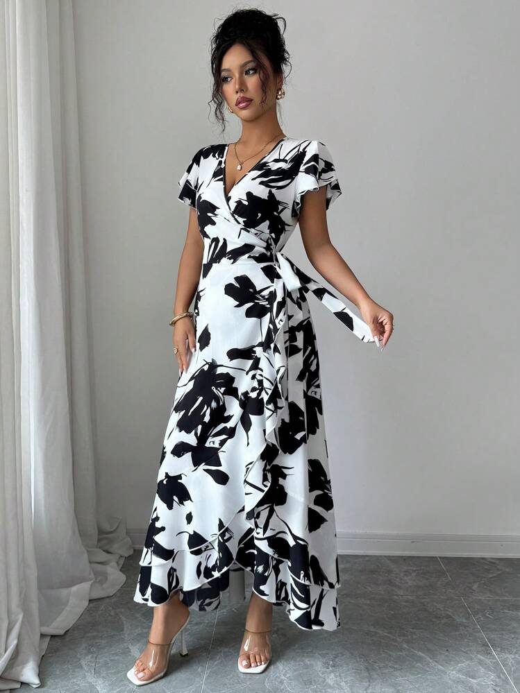 Elenzga Women's Printed V-Neck Tied Waist Ruffle Sleeve Long Dress - Black and White - View 5