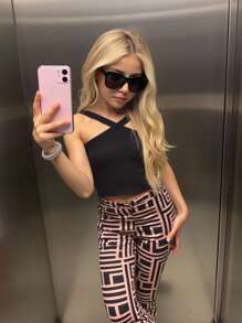 SHEIN Teen Girls Halter Top & Geo Print Flare Leg Pants