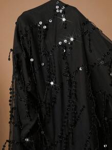 SHEIN BAE Plus Size Women Elegant Party Halloween Solid Black Sequin Tassel Flare Leg Pants Graduation,Back To School,Teacher Outfits For Women