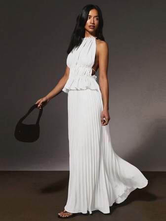Athîral Damen Kleid mit Falten, rückenfreiem, ärmelloser unifarbener Schnitt, sexy Sommerstil