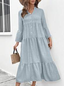 SHEIN LUNE Đầm suông rộng rãi đơn hàng khuy đơn cổ chữ V màu trơn cho nữ, trang phục maxi xuân hè cho nữ - Rửa nhẹ - Xem 4