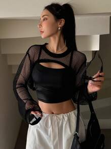 DAZY 1pc Hollow Out Super Crop Top Going Out Tops Festival Sheer,Beach Outfits Long Sleeve Women Tops - Black - View 5