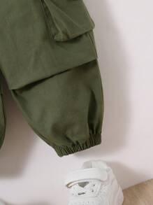SHEIN Leap Crew 男嬰工作服風格素色錐形腿長褲帶3D口袋 - 軍綠色 - 查看 9