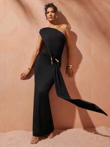 Hauture Women's Solid Color Stretch Knit Comfortable Asymmetrical Ruched Sexy Maxi Dress Stylish Decor - Black - View 5