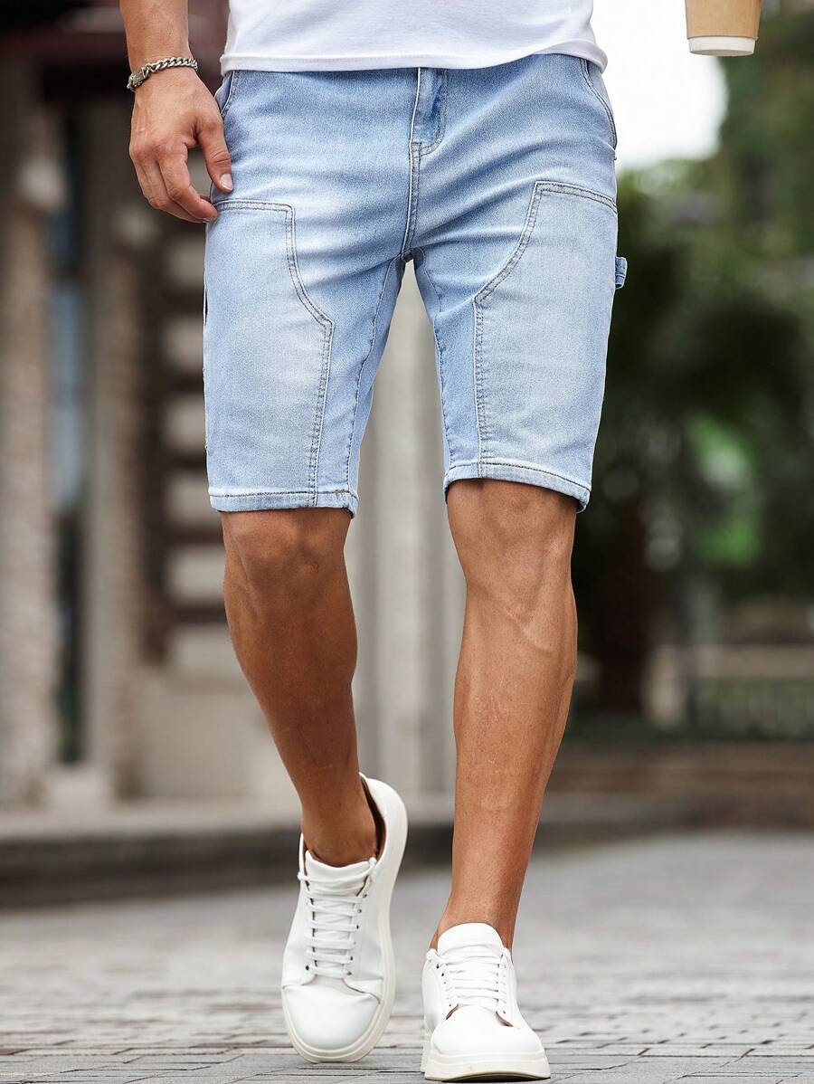 Manfinity Homme 男士纯色口袋设计休闲百搭时尚牛仔短裤 - 淺色水洗藍 - 查看 1