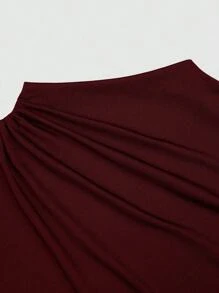Velvienne 2pcs/Set Women's Commute Ruched Knit Burgundy Short Sleeve Top And Loose Long Skirt Set, Plus Size, Spring/Summer