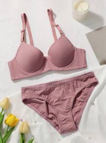 Solid Super Push Up Bra & Panty Lingerie Set - Dusty Pink - View 6