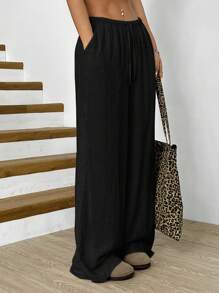 SHEIN EZwear Plus Size Solid Color Casual Knotted Wide Leg Pants, Wide Leg Linen Pants,Business Casual Woman - Black - View 5