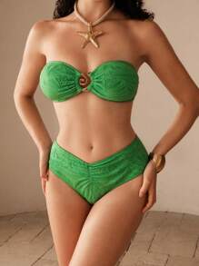 Anewsta Spiral Metal Accent Asymmetrical Bandeau Bikini Set For Summer Beach Vacation - Green - View 1