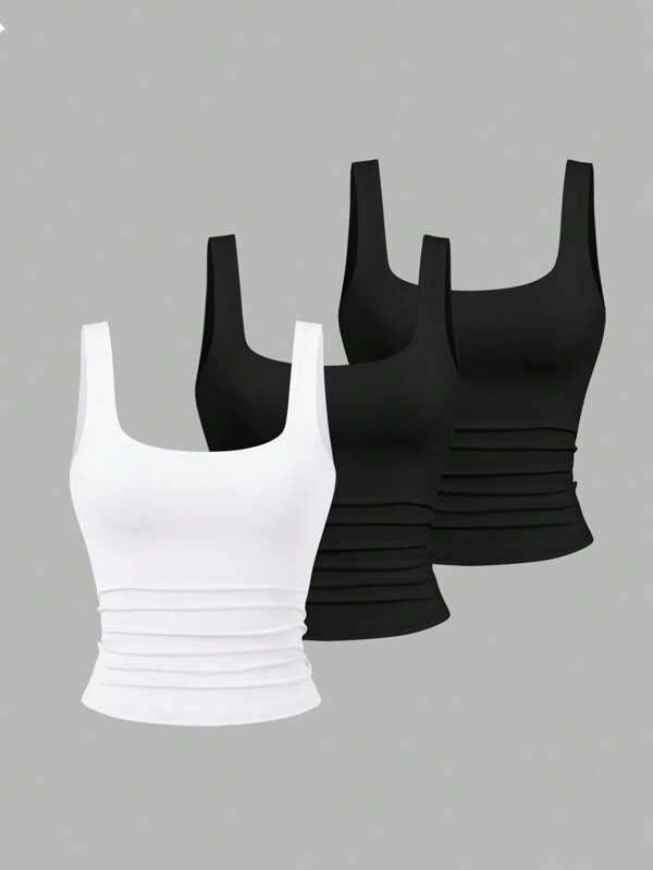 Sweetra Women Casual Pleated Square Neck Camisole, Summer