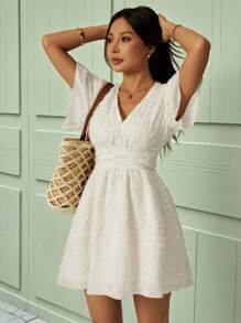 SHEIN PETITE 女士夏季简约纹理收腰短袖连衣裙，波西米亚风，女士夏季连衣裙 - 杏色 - 查看 4