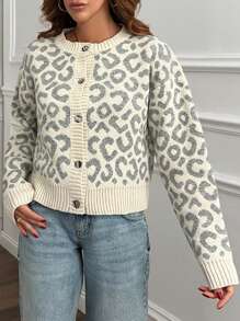 EURMUSE 女式豹纹前扣罗纹开衫 - 彩色 - 查看 5