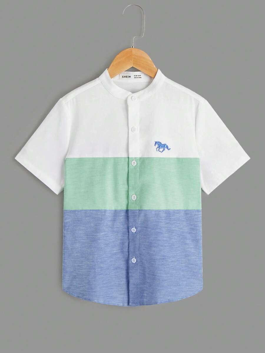 SHEIN Tween Boy Stand Collar Single-Breasted Multi-Color Patchwork Embroidered Fashion Shirt