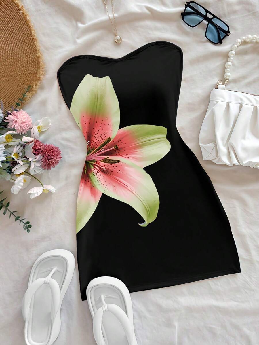 INAWLY Women Floral Print Slim Fit Summer Tube Top Mini Dress - Multicolor - View 1