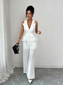Elenzga Solid Color Sleeveless Top And Straight Leg Pants Suit Set - White - View 5