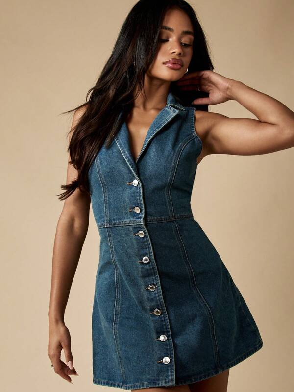 MISSGUIDED Denim Mini Dress Button Front Sleeveless Collared Halter Neck Summer Spring Fashion A-Line Cinched Waist Retro Style Vintage Modern
