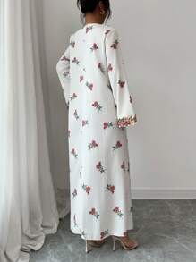 Yasmyna 女士红色印花V领拼接缎带饰边宽松长袖阿拉伯连衣裙 - 彩色 - 查看 2