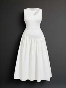 SHEIN MOD 大码纹理花卉弹力针织拼布不对称破洞无袖长裙