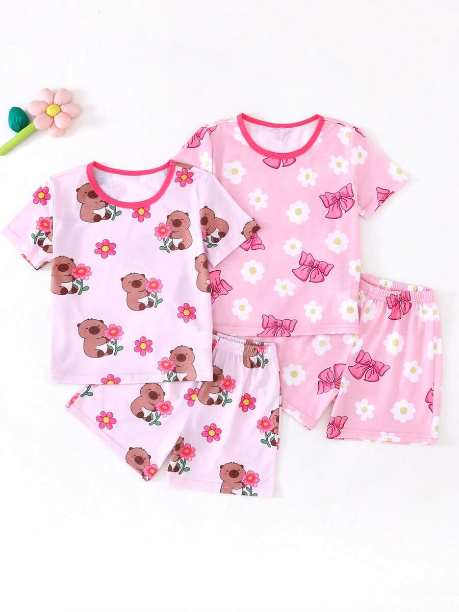 4件套女童休闲舒适花卉蝴蝶结印花短袖上衣和短裤家居服套装 - 彩色 - 查看 1