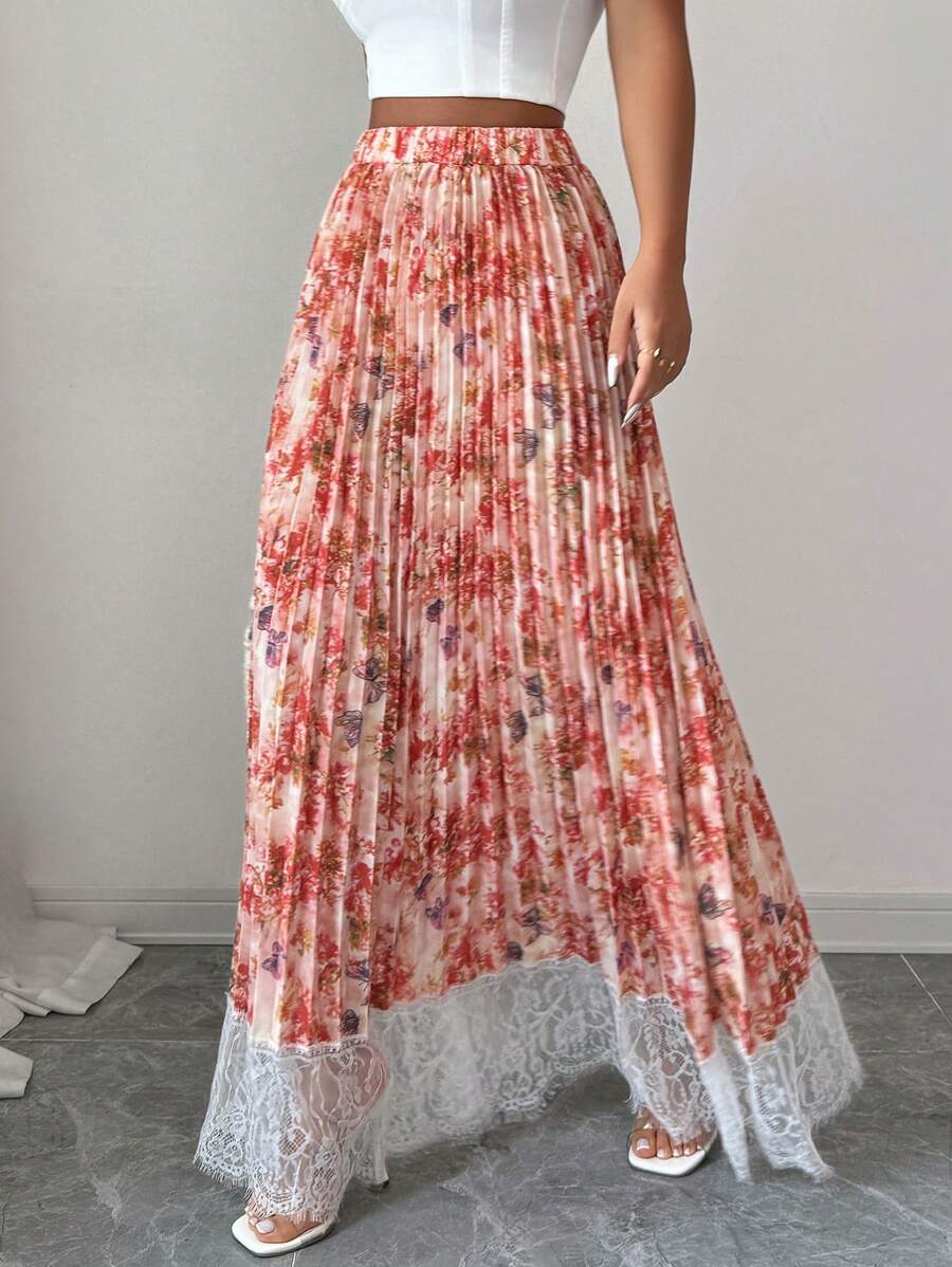 Elenzga 波西米亚印花拼布荷叶边下摆 A 字裙，女款，春夏