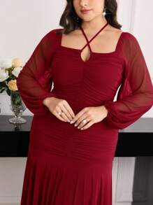 Modelyn Plus Size Elegant Plain Color Ruched Extra Long Dress - Burgundy - View 4