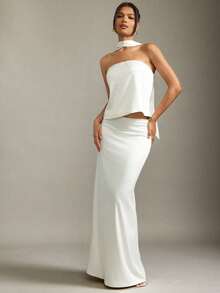 Hauture Conjunto de top bandeaux sin tirantes y falda larga de estilo informal y oficina de verano sexy