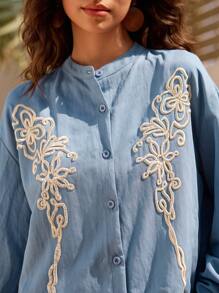 DAZY Damen 3D besticktes Oberteil und weite Hose Set, Retro Stil Lässig Urlaubsoutfit Blaue Bluse für Damen Boho Hemden Damen Bestickte Hemden für Damen Damen Blaue Tops, Herbstkleidung - Blau - Übersicht 5