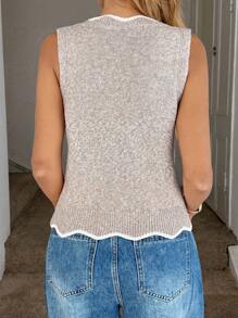 Easowa Áo len không tay cổ lượn sóng phối màu tương phản dành cho nữ, kiểu dáng thường ngày, thích hợp mặc mùa xuân, hè, đi chơi. - Màu be - Xem 2