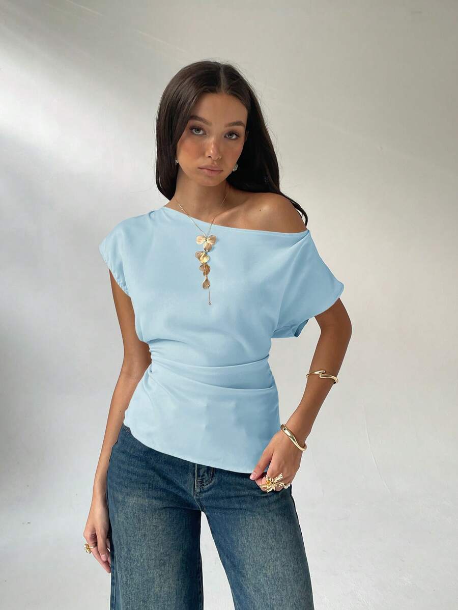 Aloruh Women's Plain Asymmetric Ruched Collar Short Sleeve Elegant Blouse, Summer - Blue - View 1