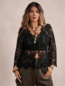 Freevana Plus Size Casual Solid Color Openwork Knit Cardigan Winter Fall Autumn - Black - View 3
