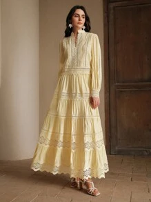 Anewsta Women's Elegant Lace Embroidery Hollow Out Shirt Top And Skirt 2 Pieces Set, Spring/Summer, Festival/Graduation, Butterscotch Yellow - Yellow - View 4