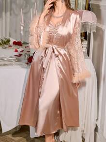 Slumberist 羽毛装饰蕾丝拼接喇叭袖缎面腰带睡袍吊带睡衣套装，奢华优雅睡衣，两件套睡袍，蕾丝睡袍，新娘睡袍套装，秋冬服装 - 香檳色 - 查看 5