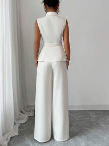 Elenzga Women's Elegant Office Commute Afternoon Tea Party Asymmetric Hem Sleeveless Blazer Jacket & Stretchy Waist Band Pants 2 Pieces Suit Set, Spring/Summer