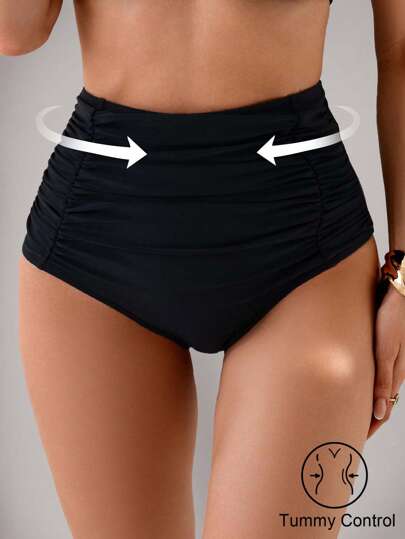 Nuvra 1pc Women High Waist Ruched Tummy Control Swimwear, Solid Color, Slimming Summer