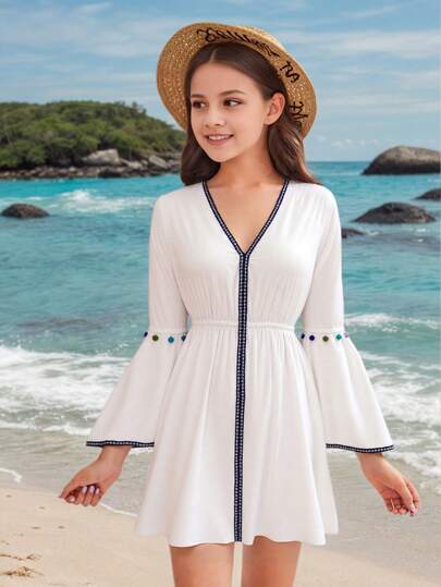 Tween Girls V-Neck Long Sleeve Cover Up Cover Up, White With Black Trim And Colorful Pom Pom Decor, Fashionable And Minimalist Design