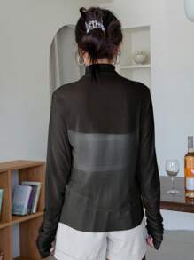 DAZY Cowl Neck Mesh Top Without Tube Top Going Out Tops Sheer,Back To School Clothes Long Sleeve Women Tops,Fall Women Clothes - Black - View 2