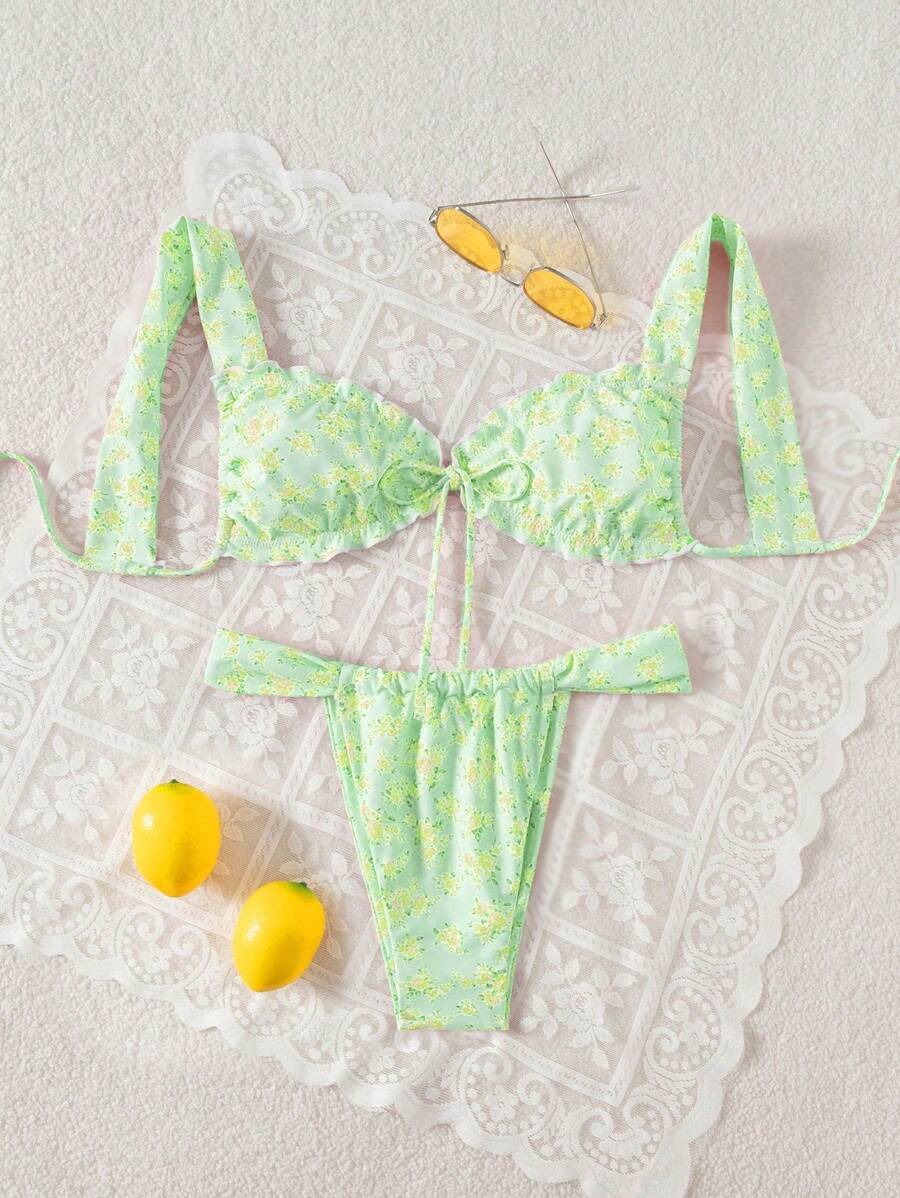 Swim Mod 女款波希米亞風隨機印花甜美蝴蝶結繫帶荷葉邊飾泳衣與沙灘罩衫套裝,夏季 - 薄荷綠 - 查看 1