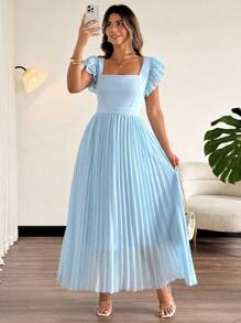 SHEIN LUNE Plus Size Elegant Square Neck Multi-Layer Ruffle Cap Sleeve Chiffon Pleated Splice Dress - Baby Blue - View 5