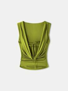Maija 2025 Summer New Sage Green Sexy Backless Tie Strap Wrap Ruffle Asymmetrical Hem Camisole Top, Elegant Urban Chic, Versatile For Office, Party, Beach, Festival, Wedding, Casual, Y2K Style Streetwear, Back To School - Green - View 11